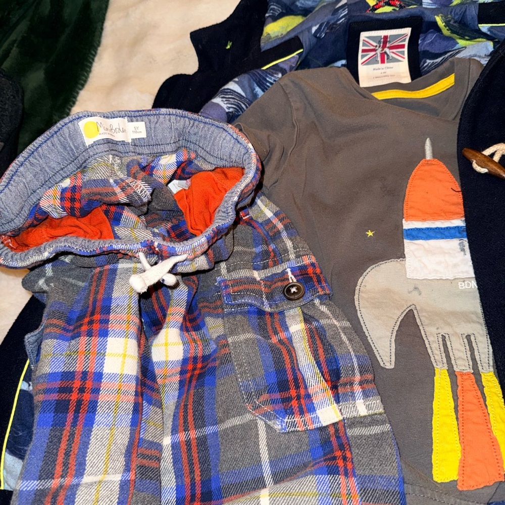Mini Boden Plaid Shirt and Rocket Tee Set - Blue, Red, Gray